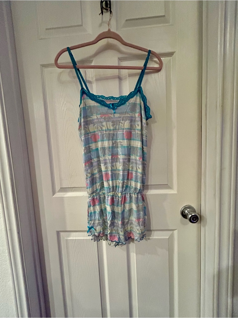 Honeydew Intimates Pastel Striped Romper with Teal Lace Trim